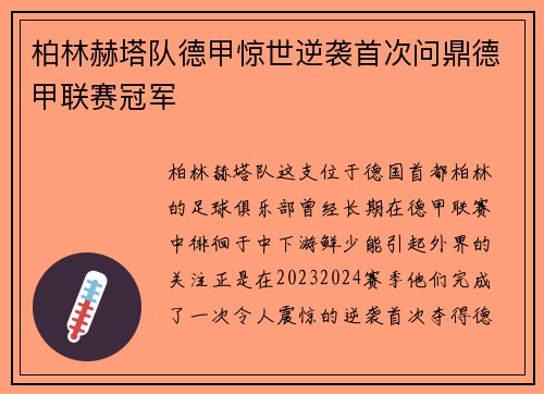 柏林赫塔队德甲惊世逆袭首次问鼎德甲联赛冠军