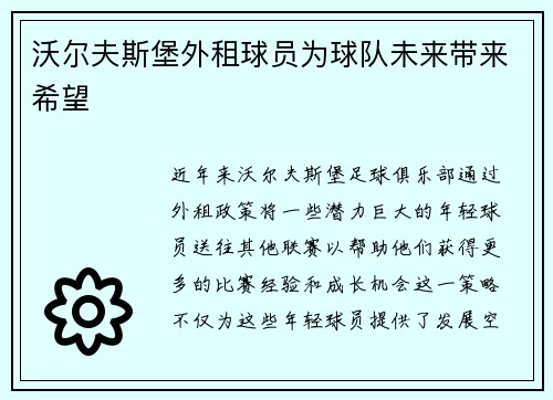 沃尔夫斯堡外租球员为球队未来带来希望